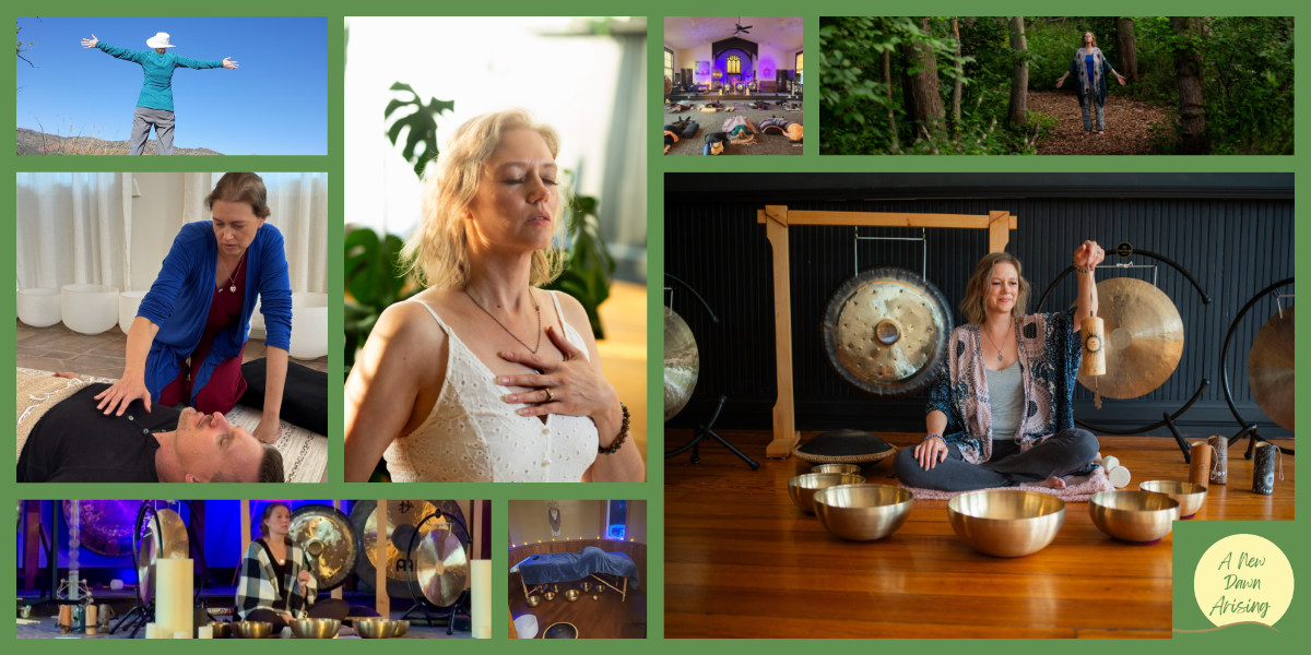 Collage of pictures with A New Dawn Arising in the sun in the bottom corner